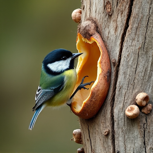 Great tit cracking open peanut shell