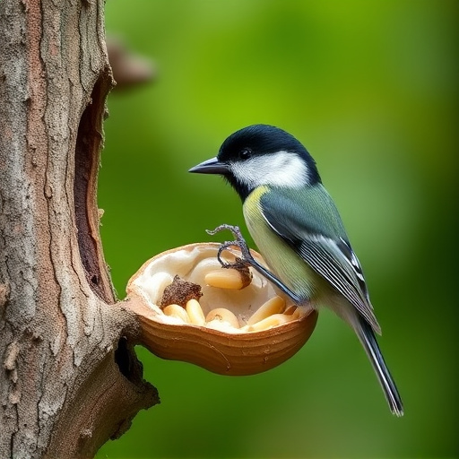 Great tit cracking open peanut shell