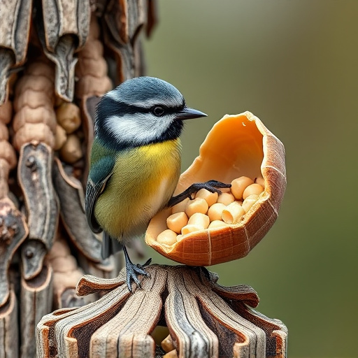 Great tit cracking open peanut shell