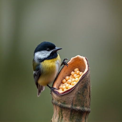 Great tit cracking open peanut shell