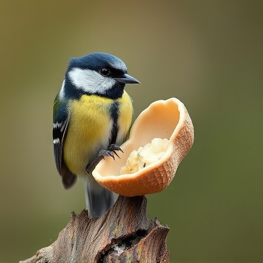 Great tit cracking open peanut shell