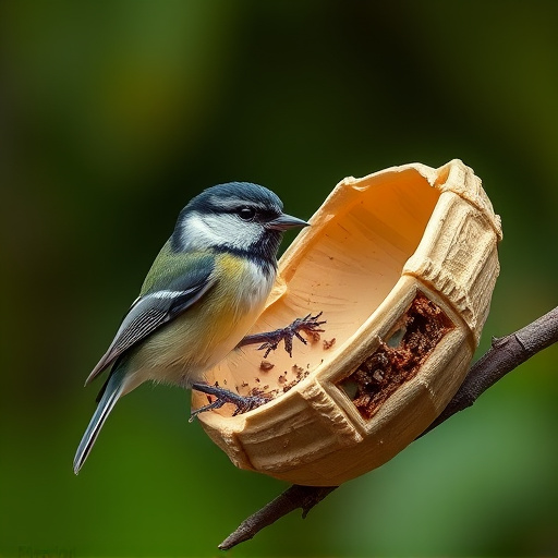 Great tit cracking open peanut shell