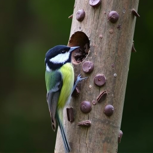 Great tit pecking at suet pellet block