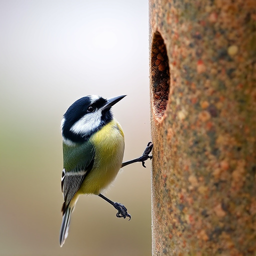 Great tit pecking at suet pellet block
