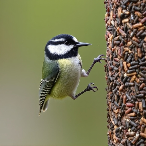 Great tit pecking at suet pellet block