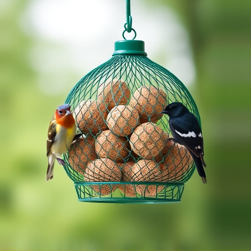 Green mesh feeder filled with suet balls