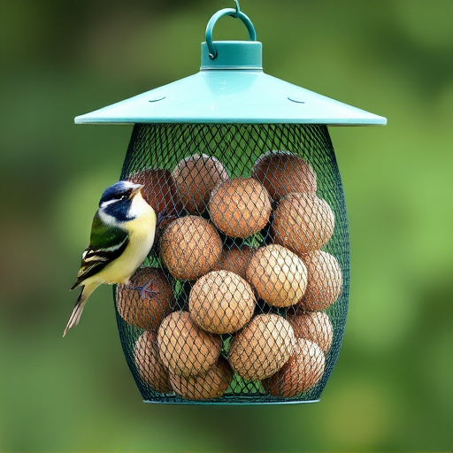 Green mesh feeder filled with suet balls