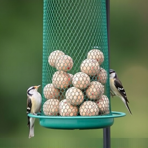 Green mesh feeder filled with suet balls