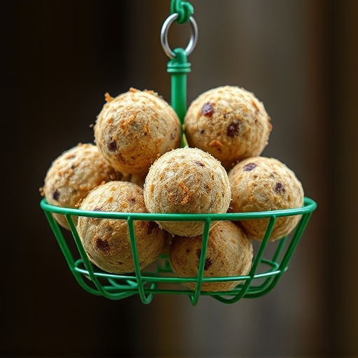 Green metal feeder holding multiple fat balls