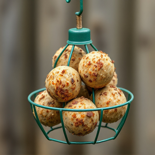 Green metal feeder holding multiple fat balls