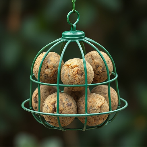 Green metal feeder holding multiple fat balls