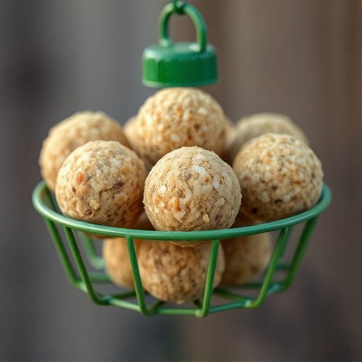 Green metal feeder holding multiple fat balls