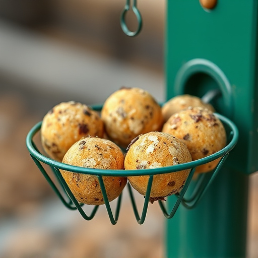 Green metal feeder holding multiple fat balls