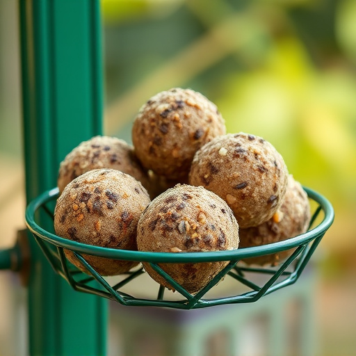 Green metal feeder holding multiple fat balls