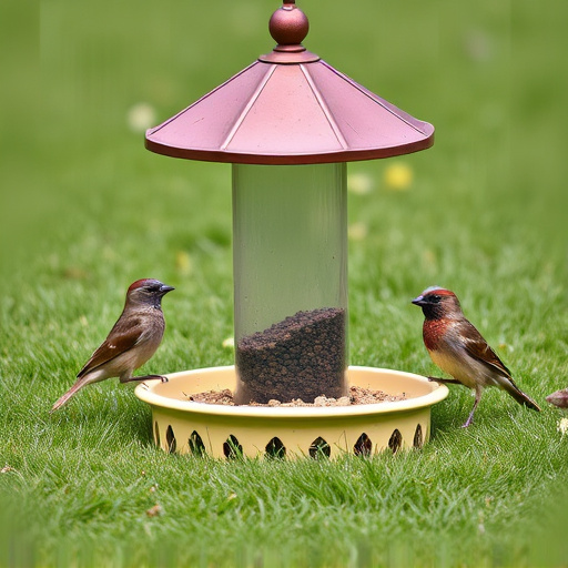 Ground bird feeder on lawn with sparrows
