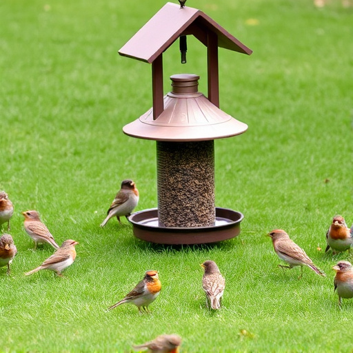 Ground bird feeder on lawn with sparrows