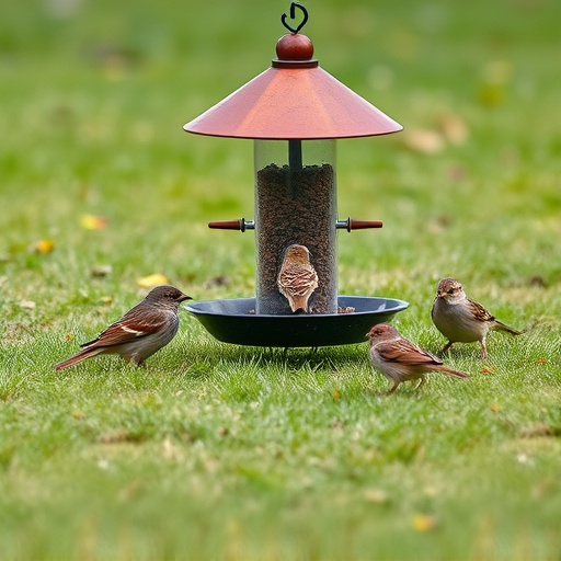 Ground bird feeder on lawn with sparrows