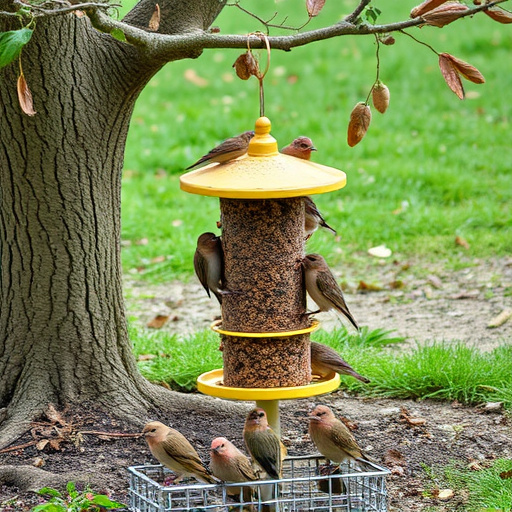 Ground feeder under tree with mixed birds