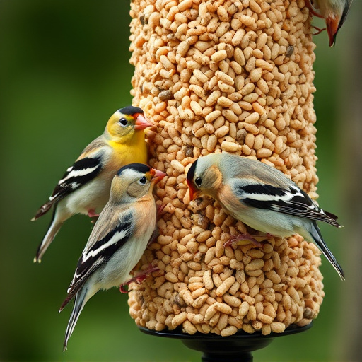 Group of finches feeding on nyjer seed