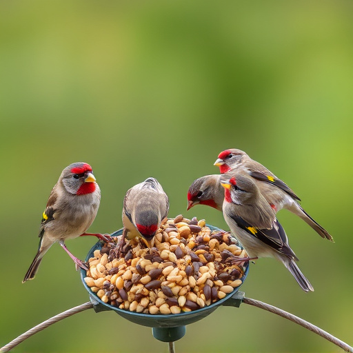 Group of finches feeding on nyjer seed