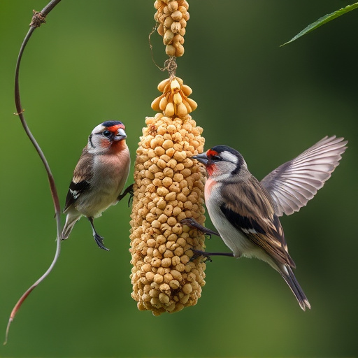 Group of finches feeding on nyjer seed