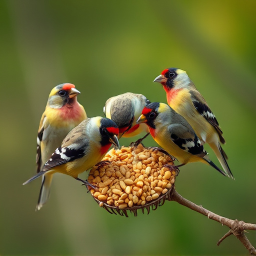 Group of finches feeding on nyjer seed