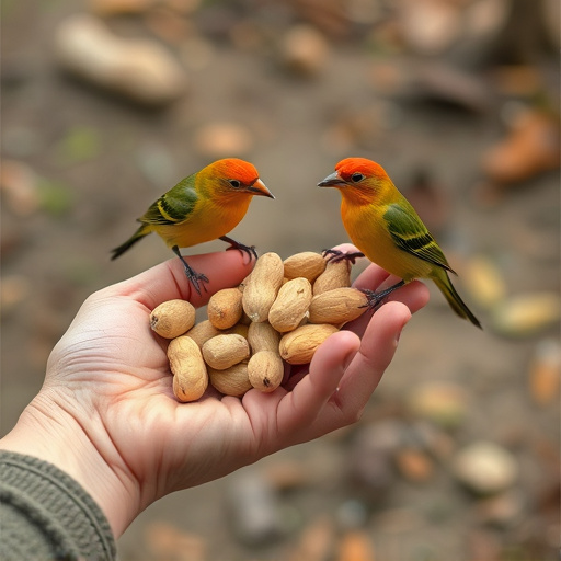 Hand holding fresh peanuts for birds