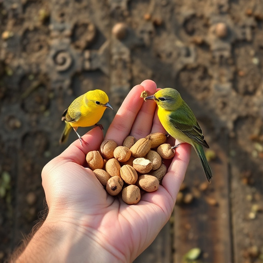 Hand holding fresh peanuts for birds