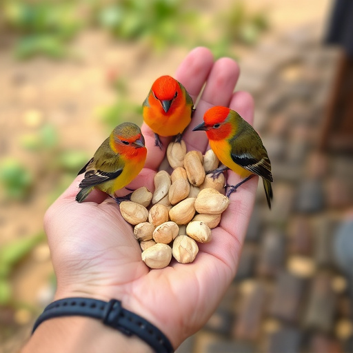 Hand holding fresh peanuts for birds