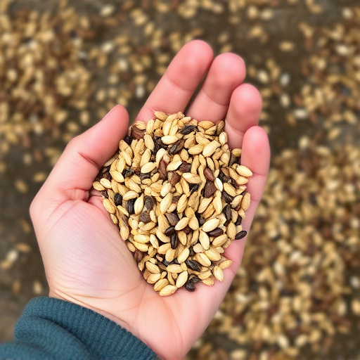 Hand holding handful of bird seed mix
