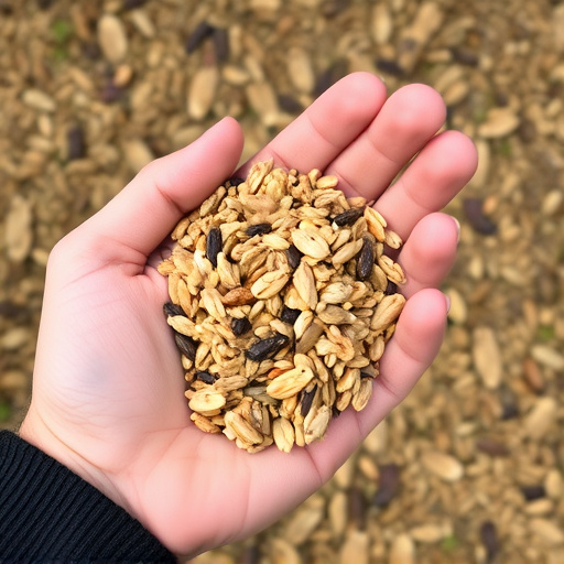 Hand holding handful of bird seed mix