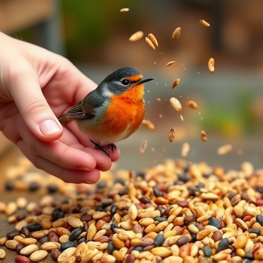 Hand sprinkling robin-friendly bird seeds