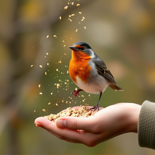 Hand sprinkling robin-friendly bird seeds
