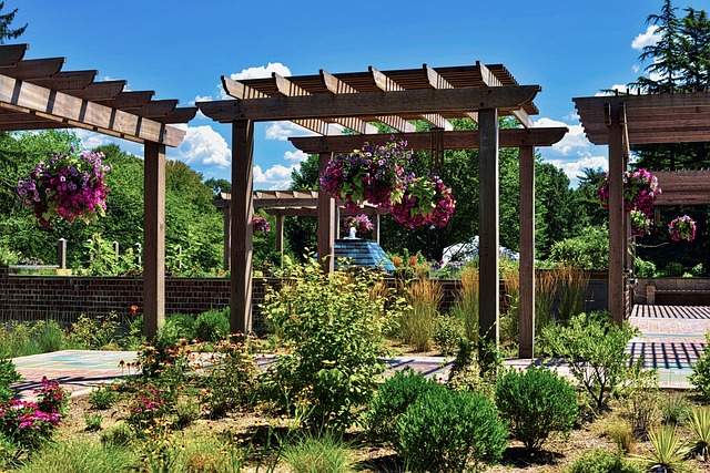 Hanging bird table in cottage garden
