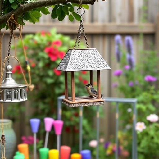 Hanging bird table in cottage garden