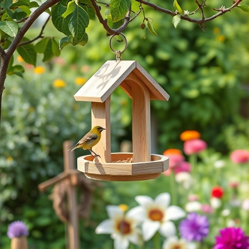 Hanging bird table in cottage garden