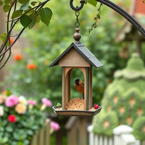 Hanging bird table in cottage garden