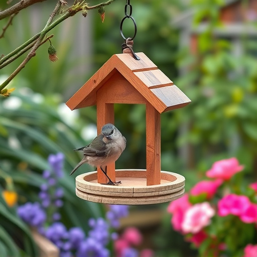 Hanging bird table in cottage garden