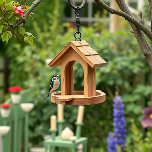 Hanging bird table in cottage garden