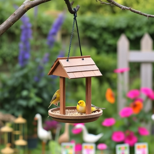 Hanging bird table in cottage garden