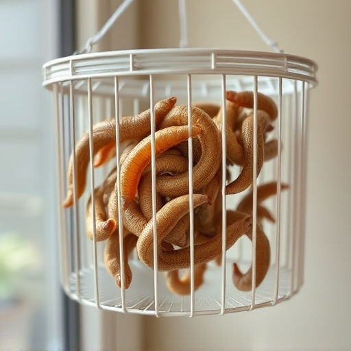 Hanging cage with live mealworms
