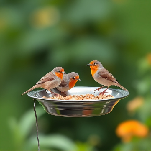 Hanging dish feeder attracting garden wrens