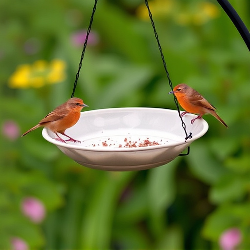 Hanging dish feeder attracting garden wrens