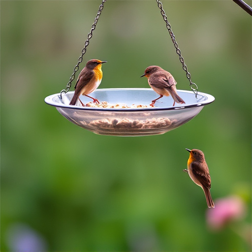 Hanging dish feeder attracting garden wrens