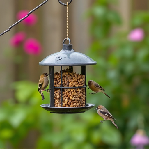 Hanging suet ball feeder in garden