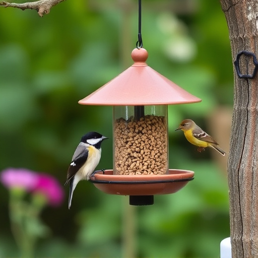 Hanging suet ball feeder in garden