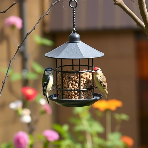 Hanging suet ball feeder in garden