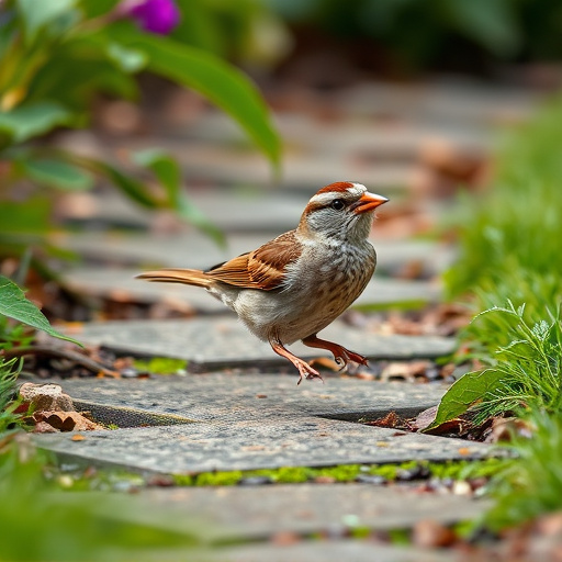 House sparrow hopping on garden path