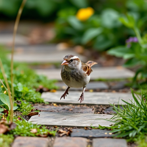 House sparrow hopping on garden path