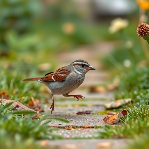 House sparrow hopping on garden path